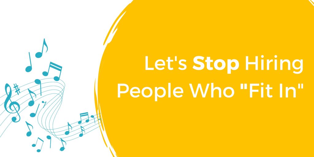 blue musical notes reach a yellow background with right-aligned text reading Let's Stop People Who Fit In