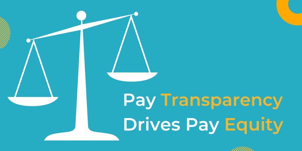 on the left you will see a white weighted scale with white and yellow text to the right that reads Pay Transparency Drives Pay Equity over a turquoise background